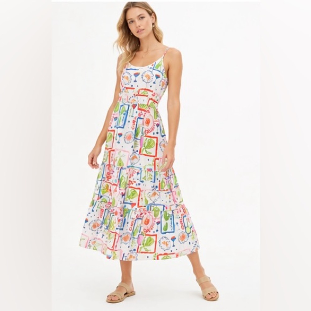 Cynthia Rowley Dress Womens 6 White Brunch Print Spaghetti Strap Midi Sundress
